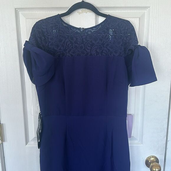 JS Collections Lace Trim Knot Sleeve Evening Maxi Dress Gown Blue Womens Size 10 - Picture 4 of 6